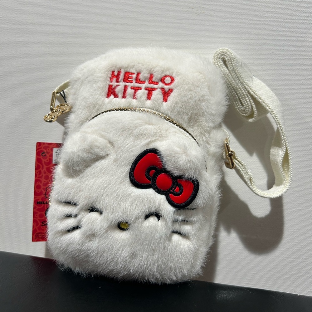 Hello Kitty Faux Fur Plush White and Red Cell Phone bag Crossbody